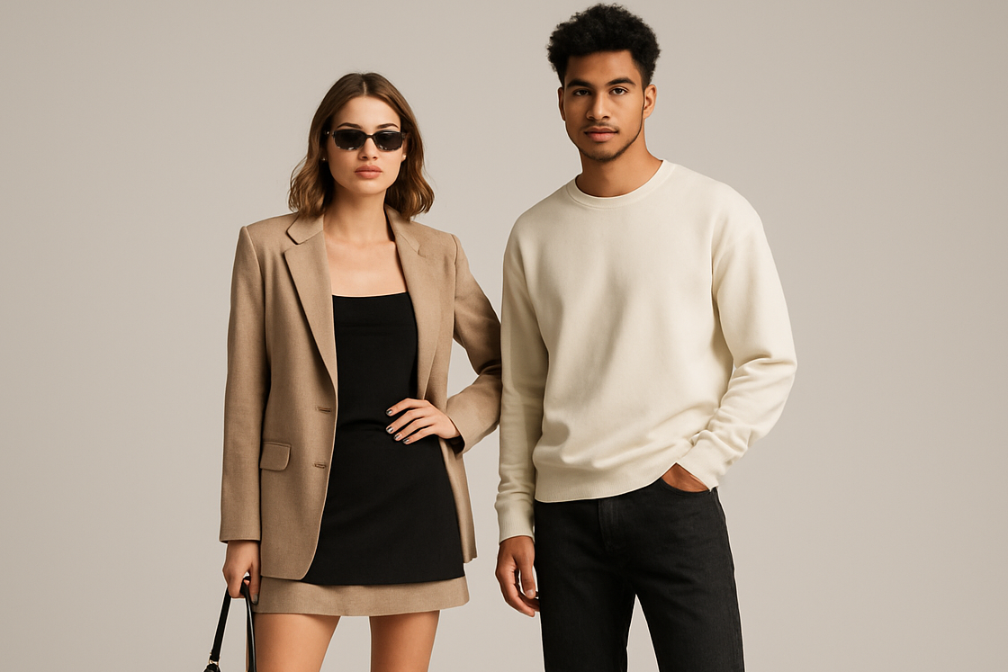 Girl and guy posing wearing clothes from store